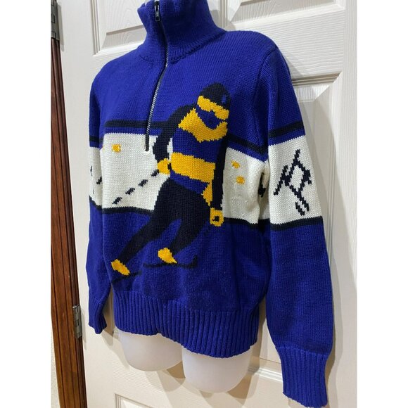 Vintage 70s Obermeyer Womens Ski Sweater M Blue Wool Blend Half-Zip Nordic Style - Picture 7 of 9